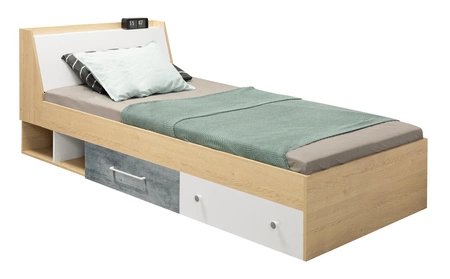 Postel se zásuvkami Cary 120x200 cm dub biskvit / bílá / beton moderní design lemování postele zakončené speciální ABS dýhou úložný prostor v čele postele