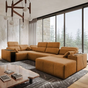 Rohová sedací souprava s funkcí spaní Tesalia IV med pravá pohodlná rohová sedací souprava do obývacího pokoje s inovativní funkcí posuvného opěradla