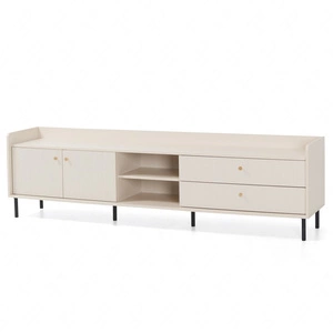 RTV skříňka Ferdi 210 cm béžová písková minimalistický design skříňky se zásuvkami elegantní zlaté úchytky a vysoké horní ráfky