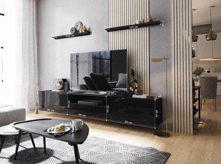 Ekali 258 cm černá / lesklá černá nástěnná RTV skříňka s policemi elegantní a stylový design, který se hodí do každého interiéru