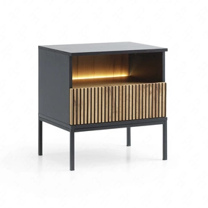 Noční skříňka se zásuvkou Amma černá / dub wotan vkusný drážkovaný dekor LED osvětlení ideální skříňka do ložnice