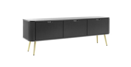 RTV skříňka Zoya 168 cm černá moderní design masivní sestava na zlatých nohách rýhované čelo charakteristický oválný tvar