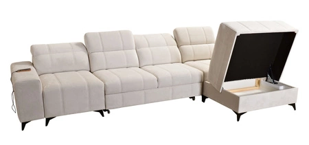 Rohová pohovka s funkcí spaní Penejos XII zelená pravostranná stylová rohová pohovka s kontejnery na lůžkoviny pohodlné nastavitelné opěrky hlavy