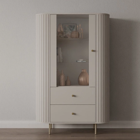 Vitrína Ovalio 97 cm béžová stylový design bezpečná vitrína z tvrzeného skla oválného tvaru s ozdobným frézováním