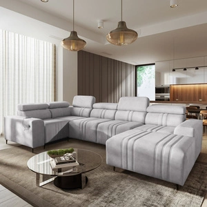 Rohová sedací souprava s funkcí spaní Castel IV šedý jasan pravá rohová stylově řešená sedací souprava s kontejnery na lůžkoviny a nastavitelnými opěrkami hlavy