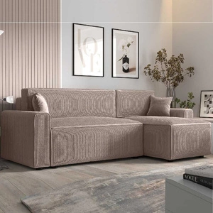 Rohová sedací souprava s funkcí spaní Brandon Bis světle hnědý pravý roh trojrozměrná látka s výrazným pruhem podestýlky nádoba