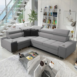 Rohová sedací souprava s funkcí spaní Dafni II šedá levostranná proplétaná rohová sedací souprava s úložným prostorem na lůžkoviny s plnovýsuvnou zásuvkou v bočnici