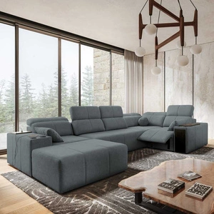 Rohová pohovka s funkcí spaní Tesalia IV Lux šedá levá stylová rohová pohovka s výsuvnou opěrkou nohou a posuvnou funkcí opěradla