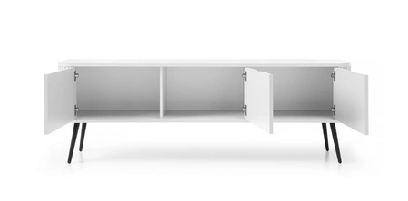 RTV skříň Zoya 168 cm bílá moderní design korpusu na kovových nohách rýhované čelo charakteristický oválný tvar