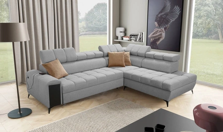 Rohová sedací souprava s funkcí spaní Bolmso VII šedý pravý roh mimořádně elegantní rohová sedací souprava do obývacího pokoje se zásuvkou a kontejnerem na lůžkoviny