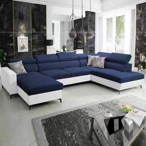 Rohová sedací souprava s funkcí spaní Savona VI modrá / bílá levá elegantní a pohodlná rohová sedací souprava do obývacího pokoje dvě nádoby na lůžkoviny