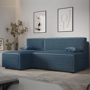 Rohová sedací souprava s funkcí spaní Brandon modrá levá trojrozměrná tkanina s výrazným pruhovaným kontejnerem na lůžkoviny