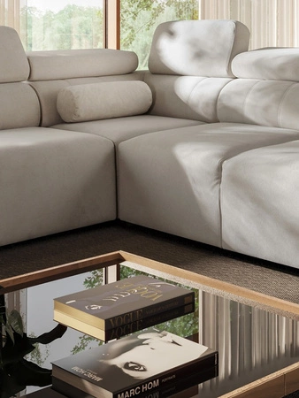 Rohová sedací souprava s funkcí spaní Cantare II Lux béžová pravá pohodlná rohová sedací souprava do obývacího pokoje se zvýšenou podnožkou měkká látka