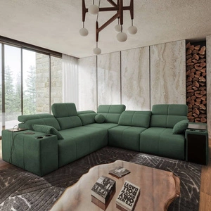 Rohová sedací souprava s funkcí spaní Tesalia III mátově zelené pravá pohodlná rohová sedací souprava s posuvným opěradlem dvě nádoby na lůžkoviny