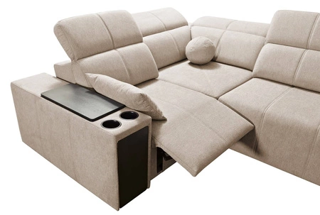 Rohová sedací souprava s funkcí spaní Tesalia IV Lux modrá pravostranná stylová rohová sedací souprava s výsuvnou opěrkou nohou a posuvnou funkcí opěradla