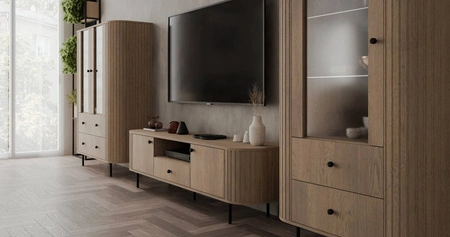 Ovalio 123 cm dub cremona designová vitrína do obývacího pokoje s oválným tvarem a dekorativním frézováním prostorné zásuvky