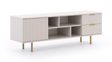 TV skříň Sula 150 cm béžová elegantní design dekorativní drážkované čelo se systémem otevírání push to open kovové vysoké nohy