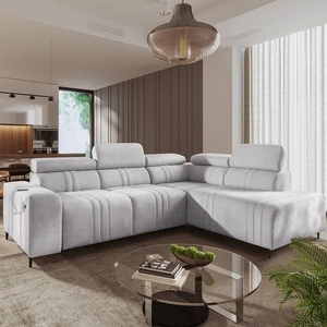 Rohová pohovka s funkcí spaní Castel VII šedý jasan pravá Stylová rohová pohovka s úložným prostorem na lůžkoviny a nastavitelnými opěrkami hlavy