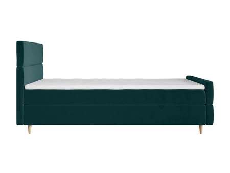 Kontinentální postel Benet 90x200 v tyrkysové barvě v moderním skandinávském stylu s čalouněným čelem a nohami postele s úložným boxem