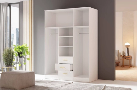 Šatní skříň Adel 150 cm bílá elegantní design klasická forma šatní skříně se zrcadlem do ložnice nebo šatny prostorné zásuvky zlaté úchyty