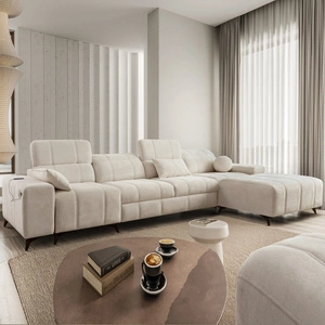 Rohová sedací souprava s funkcí spaní Penejos XII krémová pravostranná stylová rohová sedací souprava s kontejnery na lůžkoviny pohodlné nastavitelné opěrky hlavy