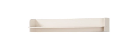 Nábytková sestava Ferdi béžová písková minimalistický design nástěnných skříněk do obývacího pokoje zlaté úchytky korpusy přesahující linii stolových desek