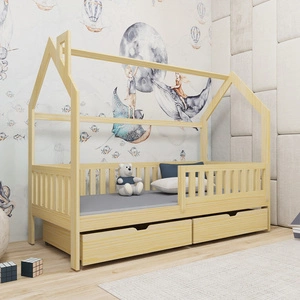 Dřevěná postel Timon 80x190 cm borovice moderní design dětský domeček postel z masivního borovicového dřeva prostorné zásuvky