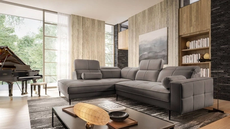 Rohová sedací souprava Samos šedá levá moderní design jednoduchý a stylový korpus, který se hodí do každého interiéru nastavitelné opěrky hlavy