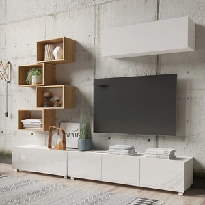 Nábytek Apulia XXIX bílý lesk / zlatý dub výjimečně stylová nástěnná skříňka jednoduché jednotky hodící se do každého interiéru