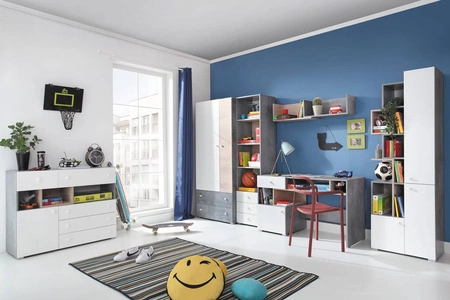 Komoda Epsilon 110 cm beton / bílá / dub ideální do pokoje pro mládež funkční a prostorná