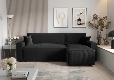 Rohová sedací souprava s funkcí spaní Brandon Bis černá pravý roh trojrozměrná látka s výrazným pruhem podestýlky kontejneru