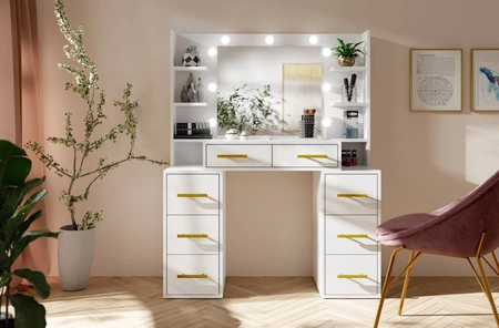 Toaletní stolek Adel 110 cm bílý s LED osvětlením toaletní stolek se zrcadlem v glamour stylu prostorné zásuvky kovové úchyty