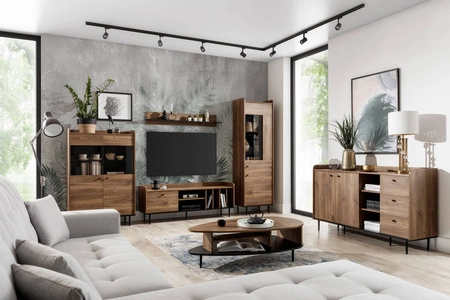 Vitrína Apallo 60 cm dub brandy castello originální design masivní set na kovových nohách prvky z bezpečného tvrzeného skla