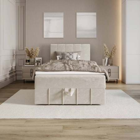 Kontinentální postel Casey 120x200 béžová v moderním skandinávském stylu s čalouněným čelem postele s úložným boxem