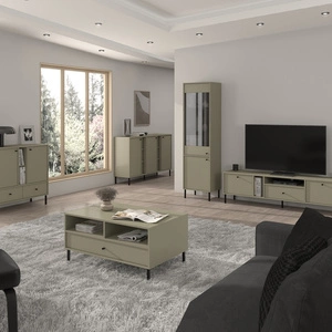 Sestava nábytku do obývacího pokoje Kioto II eukalyptus stylový design elegantní nábytek v tlumených barvách obohacený o černé vysoké nohy