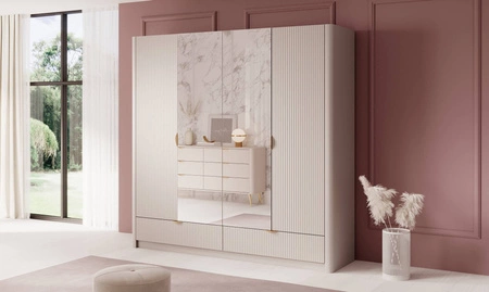 Zrcadlová šatní skříň Lante 213 cm béžová stylová šatní skříň se zásuvkami v moderním designu drážkovaná čela originální zaoblený tvar