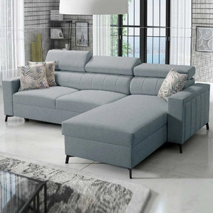 Rohová sedací souprava s funkcí spaní Savona arctic blue pravá elegantní rohová sedací souprava s nastavitelnými opěrkami hlavy dekorativní prošívání