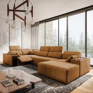 Rohová sedací souprava s funkcí spaní Tesalia IV Lux medová pravá stylová rohová sedací souprava s výsuvnou podnožkou a posuvnou funkcí opěradla