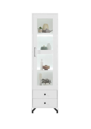 Okno Skien 50 cm lesklá bílá elegantní design jednoduchá forma nábytku obohacená o stylové kovové prvky černé nohy prvky z bezpečnostního skla 
