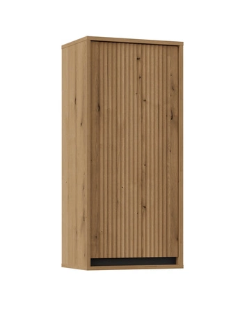 Nástěnná skříňka Osaka dub evoke / černá minimalistický design podtržený módními barvami vysoké kovové černé nohy vkusné rýhované čelo