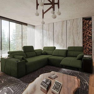 Rohová sedací souprava s funkcí spaní Tesalia III Lux zelená Komfortní pravá rohová sedací souprava s výsuvnou podnožkou a posuvnou funkcí opěradla