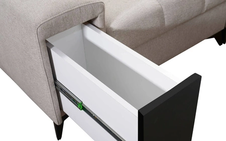 Rohová sedací souprava s funkcí spaní Bolmso VII modrá pravá elegantní rohová sedací souprava do obývacího pokoje se zásuvkou a kontejnerem na lůžkoviny