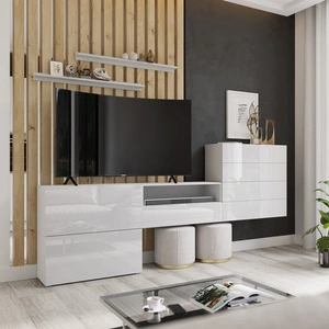 Nábytková stěna Agria bílá / bílý lesk neobvyklý design praktické řešení ideální pro každý obývací pokoj opticky zvětšuje interiér