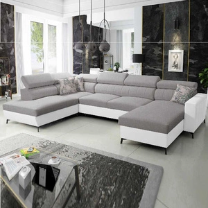 Rohová sedací souprava s funkcí spaní Savona VI světle šedá / bílá pravá pohodlná rohová sedací souprava do obývacího pokoje se dvěma nádobami na lůžkoviny
