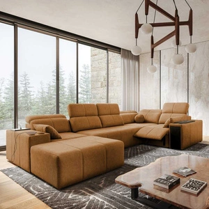 Rohová sedací souprava s funkcí spaní Tesalia IV Lux medová levá stylová rohová sedací souprava s výsuvnou opěrkou nohou a posuvnou funkcí opěradla