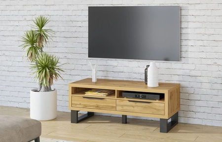 TV skříňka Halle 124 cm dub wotan moderní design prostorné zásuvky podkrovní RTV skříňka na kovovém rámu
