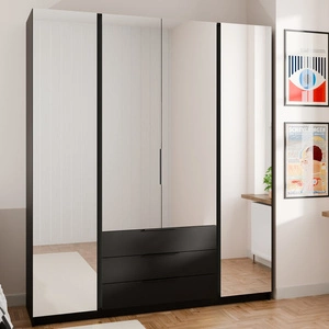 Zrcadlová šatní skříň Kastano VI 200 cm černá klasický tvar úchyty na hraně ideální šatní skříň do ložnice prostorné zásuvky