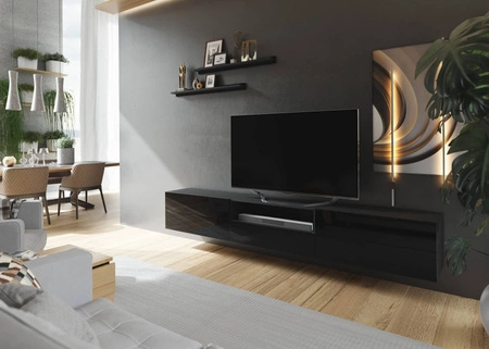 Závěsná RTV skříňka Lutra 258 cm černá / lesklá černá s policemi stylová designová TV skříňka s vysoce lesklými čely