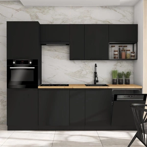 Černá sada kuchyňského nábytku 260 cm kovové úchytky skříňky vypadají skvěle v moderních interiérech