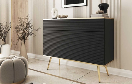 Luxusní 107 cm zásuvková komoda černá stylová komoda s drážkovanými čely korpus doplněný zlatým lemováním zlaté kovové nohy